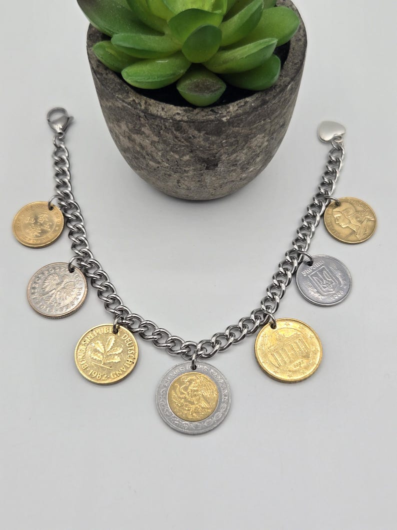 Coin bracelet for women, 7 coin bracelet, birthday gift for coin lovers, gold coins, foreign coins, gift for coin collectors, silver coins image 19