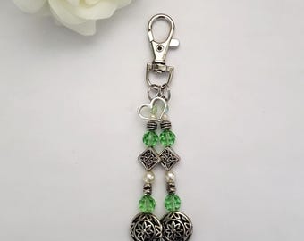 Green purse charm, green and silver purse accessory, zipper pull, birthday gift for friend, stocking stuffer for her, backpack charm