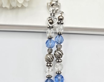 Blue and silver purse charm, repurposed jewelry, zipper pull, birthday gift for daughter, purse bling, tote bag charm, gift for teacher