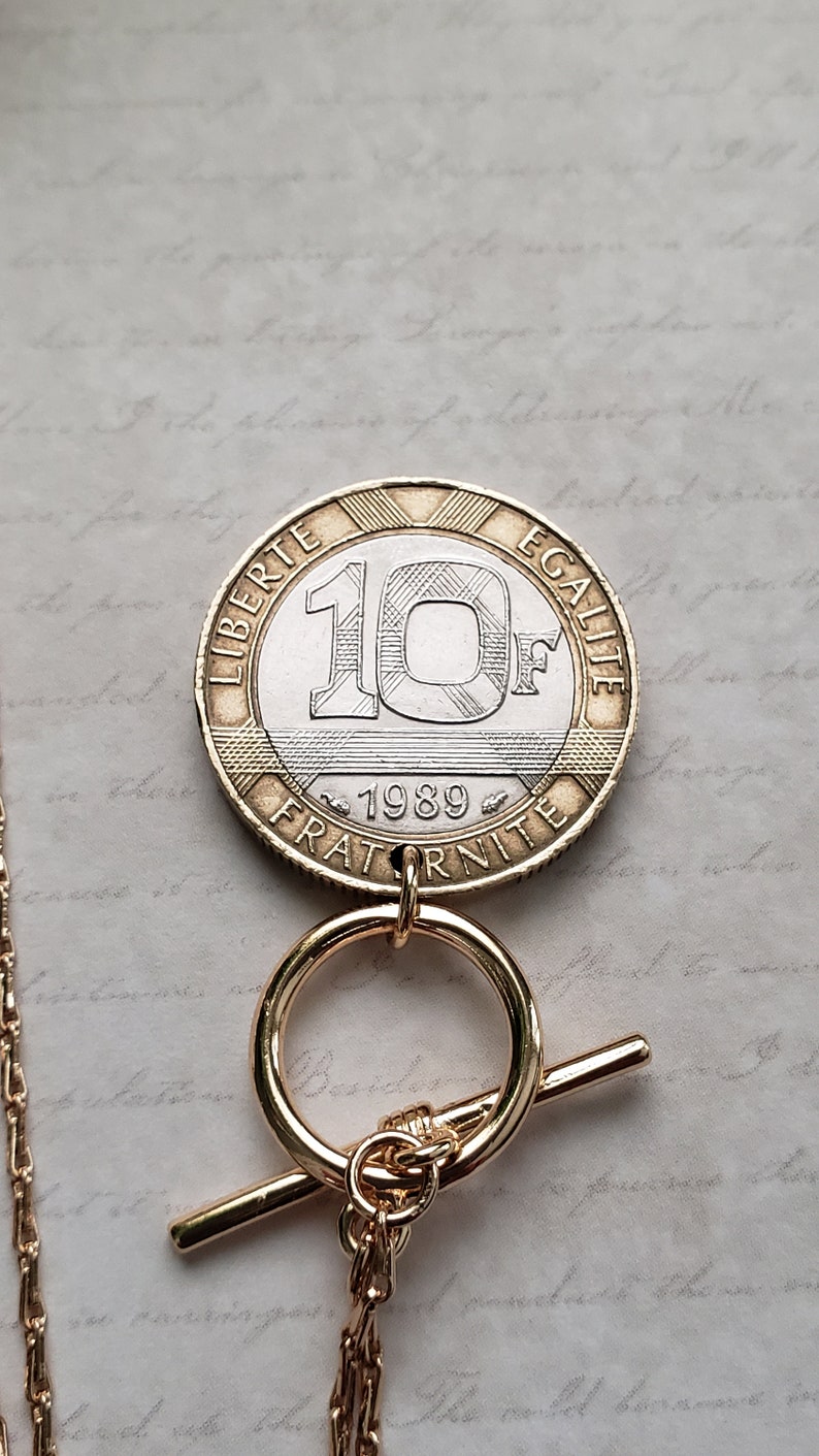 French coin necklace, front toggle gold necklace, centimes French coin necklace, birthday gift for Francophile, French gift for daughter image 10