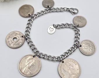 Coin bracelet for women, 7 coin bracelet, birthday gift for coin lovers, gold coins, foreign coins, gift for coin collectors, silver coins