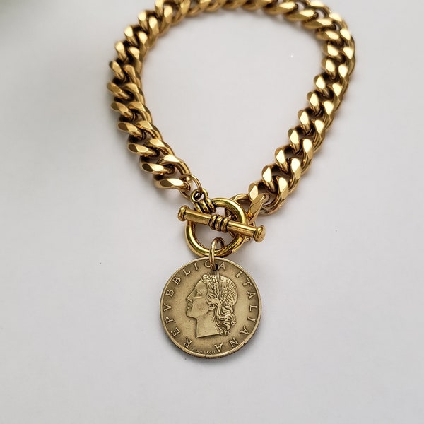 Italian coin bracelet, chunky gold bracelet, Italian gift for woman, birthday gift for friend, gold toggle bracelet, gold coin jewelry