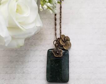 Green stone necklace, green stone pendant, bronze necklace, bronze anniversary gift for wife, long necklace, birthday gift for gardener