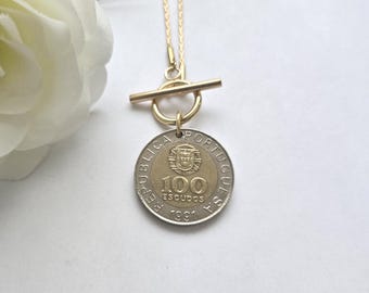 Portuguese coin necklace, vintage Portuguese coin, toggle coin necklace, gift from Portugal, travel souvenir, heritage jewelry, holiday gift