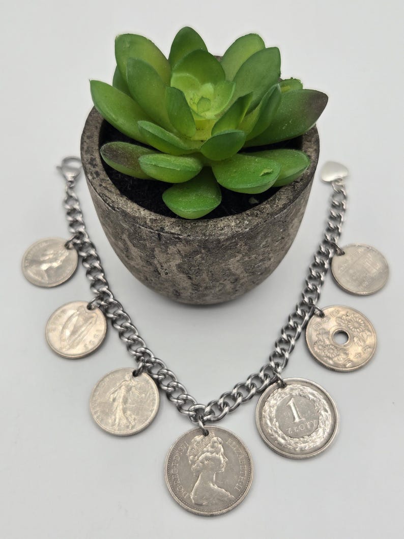 Coin bracelet for women, 7 coin bracelet, birthday gift for coin lovers, gold coins, foreign coins, gift for coin collectors, silver coins image 2