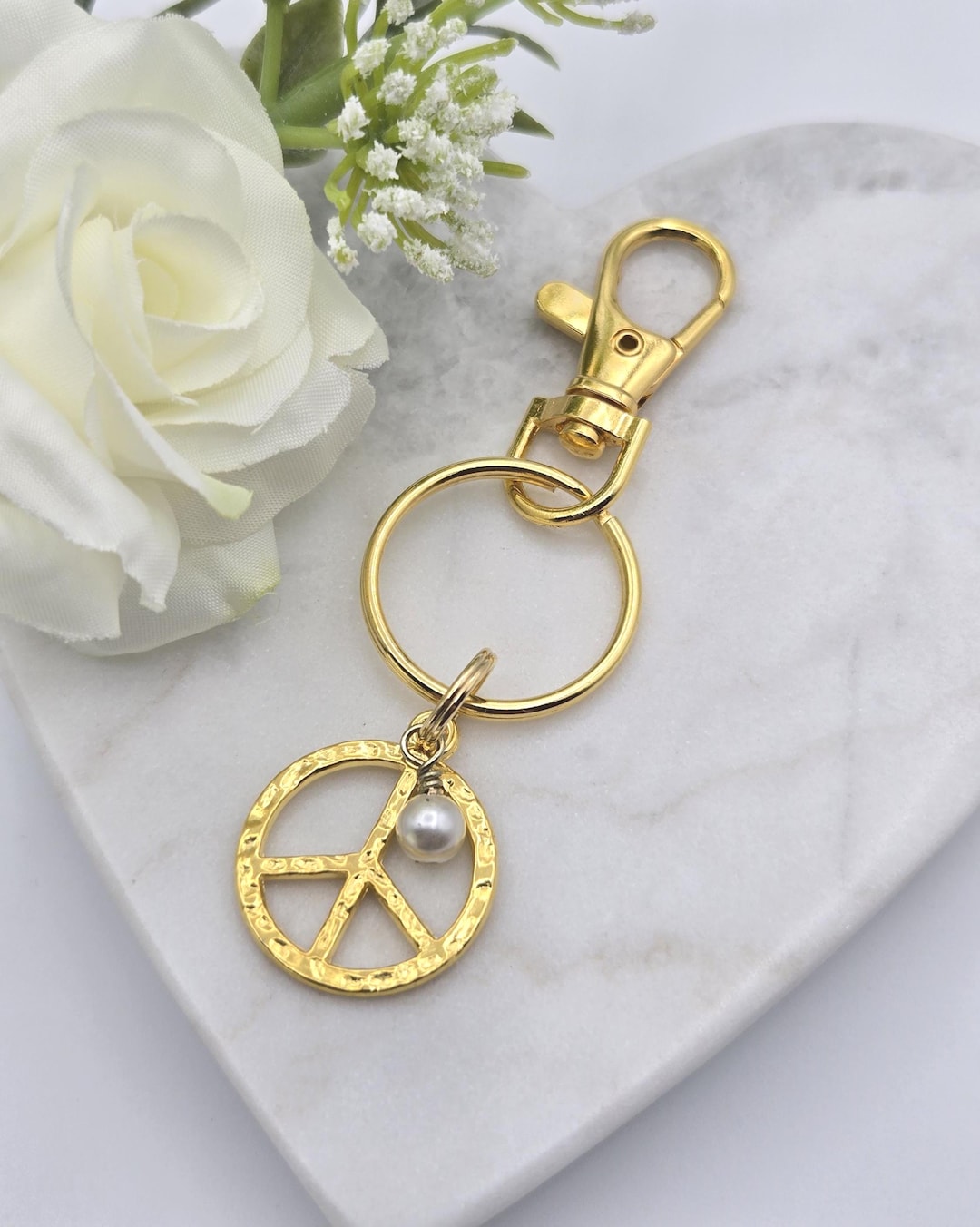 Gold Peace Sign Keychain, Peace Sign Charm, Gold and Pearl Keychain ...