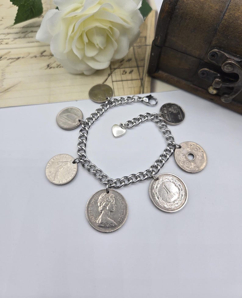 Coin bracelet for women, 7 coin bracelet, birthday gift for coin lovers, gold coins, foreign coins, gift for coin collectors, silver coins Silver coins A