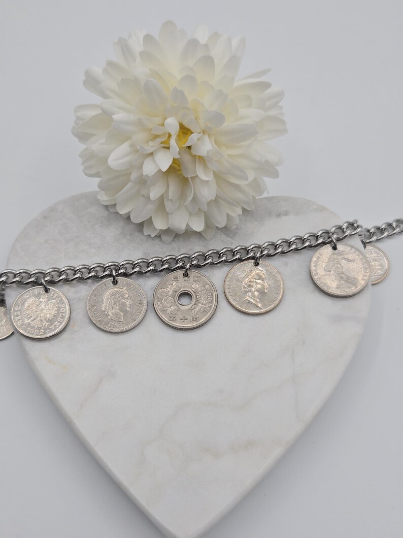 Coin bracelet for women, 7 coin bracelet, birthday gift for coin lovers, gold coins, foreign coins, gift for coin collectors, silver coins image 6