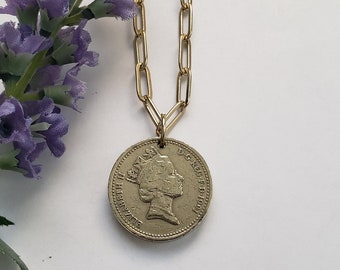 British coin necklace, British pound, English coin jewelry, birthday gift for friend, British gift for Anglophile, paperclip chain necklace