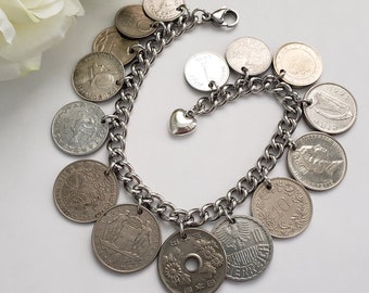 Vintage silver-tone coin bracelet, repurposed jewelry, birthday gift for coin collector, small foreign coin bracelet, upcycled coin bracelet