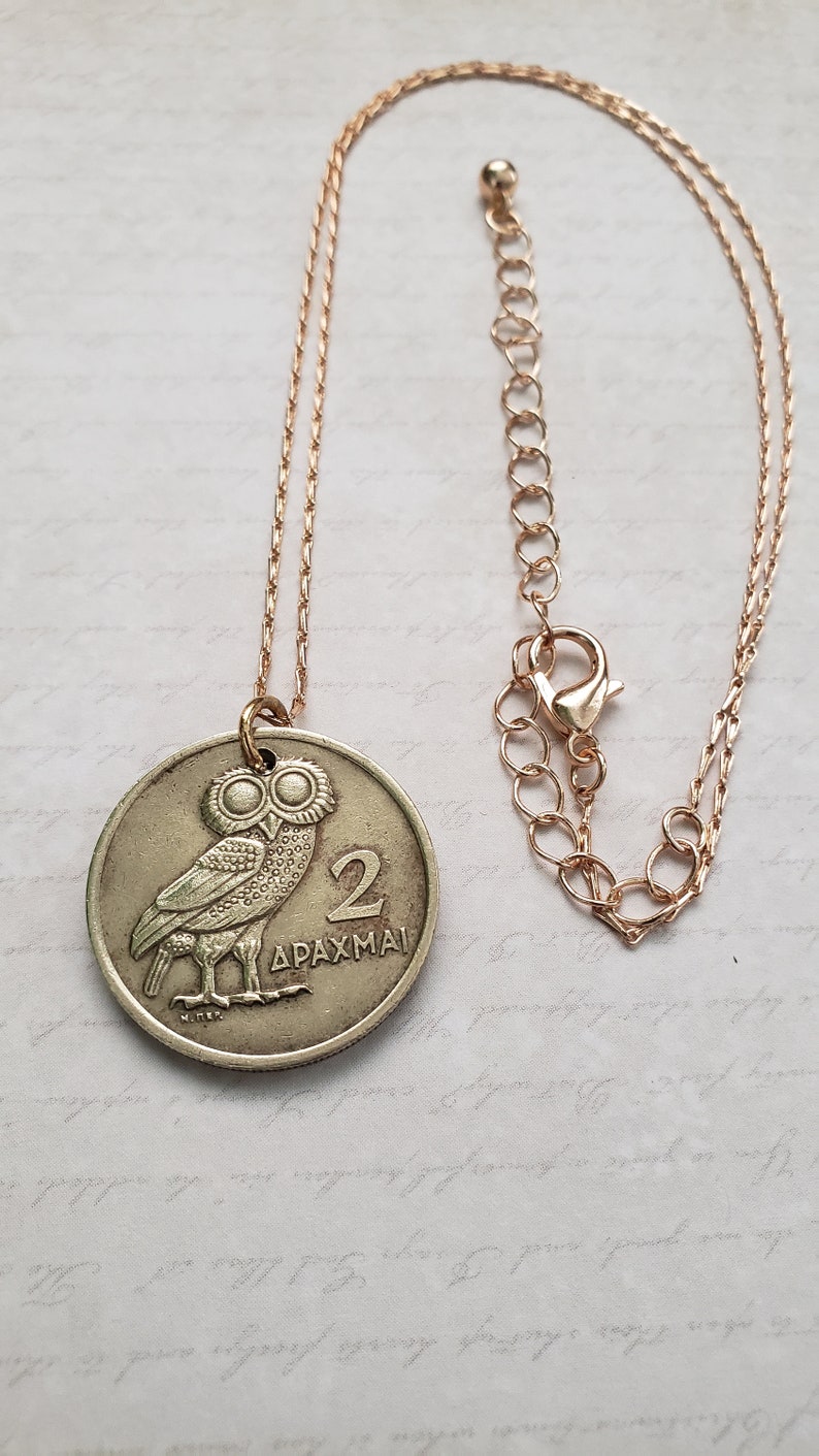 Owl necklace, Greek coin necklace, birthday gift for sister, Greek gift for mom, Owl of Athena necklace, wisdom jewelry, bimetallic coin image 3