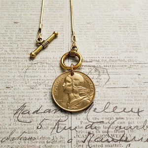 French coin necklace, front toggle gold necklace, centimes French coin necklace, birthday gift for Francophile, French gift for daughter image 3