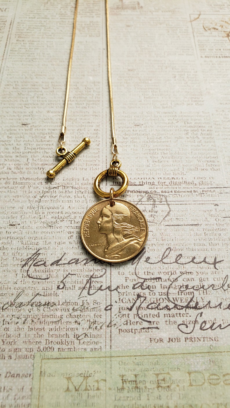 French coin necklace, front toggle gold necklace, centimes French coin necklace, birthday gift for Francophile, French gift for daughter image 3