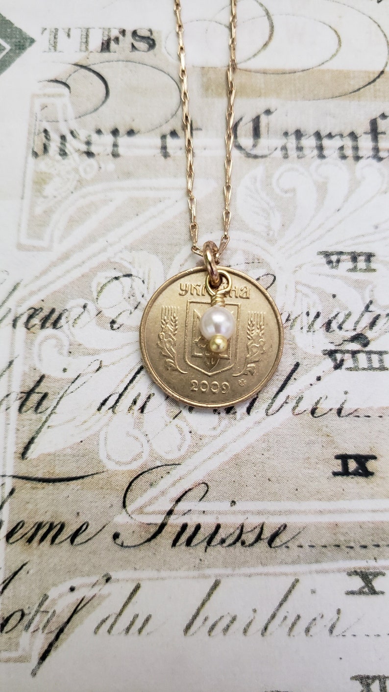 Ukrainian coin necklace, gold coin necklace, repurposed jewelry, Ukrainian jewelry, Ukrainian gift, minimalist gift, Ukrainian support image 1