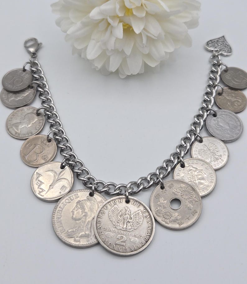 Vintage silver coin bracelet, repurposed coins, coin collector gift, birthday gift, authentic world coins, upcycled jewelry Bild 12