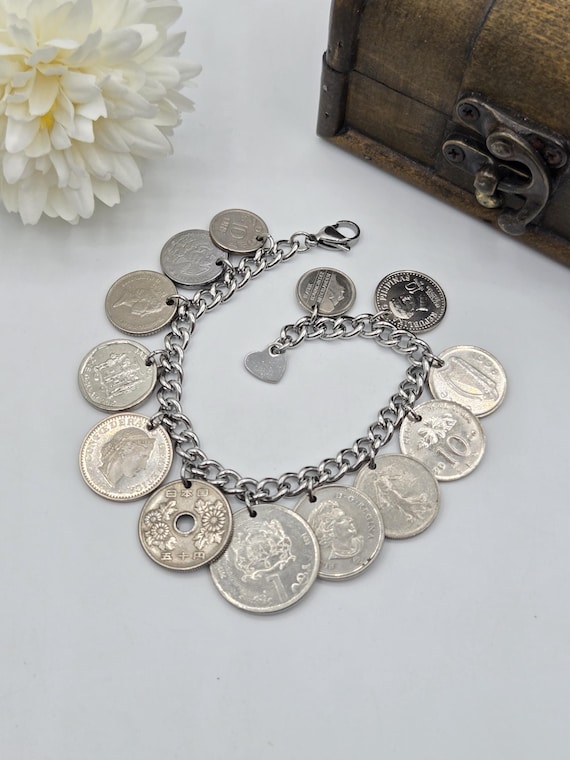 Vintage silver coin bracelet, repurposed coins, coin collector gift, birthday gift, authentic world coins, upcycled jewelry