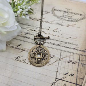 Chinese coin necklace, repurposed jewelry, antique bronze necklace, birthday gift for coin lover, good luck coin, antique bronze toggle imagen 1