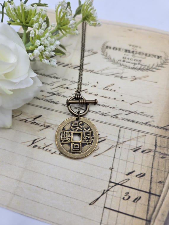 Chinese coin necklace, repurposed jewelry, antique bronze necklace, birthday gift for coin lover, good luck coin, antique bronze toggle