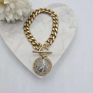 Vintage French coin bracelet, gold and silver bracelet, birthday gift for Francophile, gift for traveler, chunky toggle bracelet