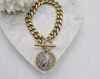 Vintage French coin bracelet, gold and silver bracelet, birthday gift for Francophile, gift for traveler, chunky toggle bracelet