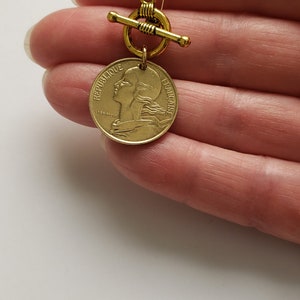 French coin necklace, front toggle gold necklace, centimes French coin necklace, birthday gift for Francophile, French gift for daughter image 5