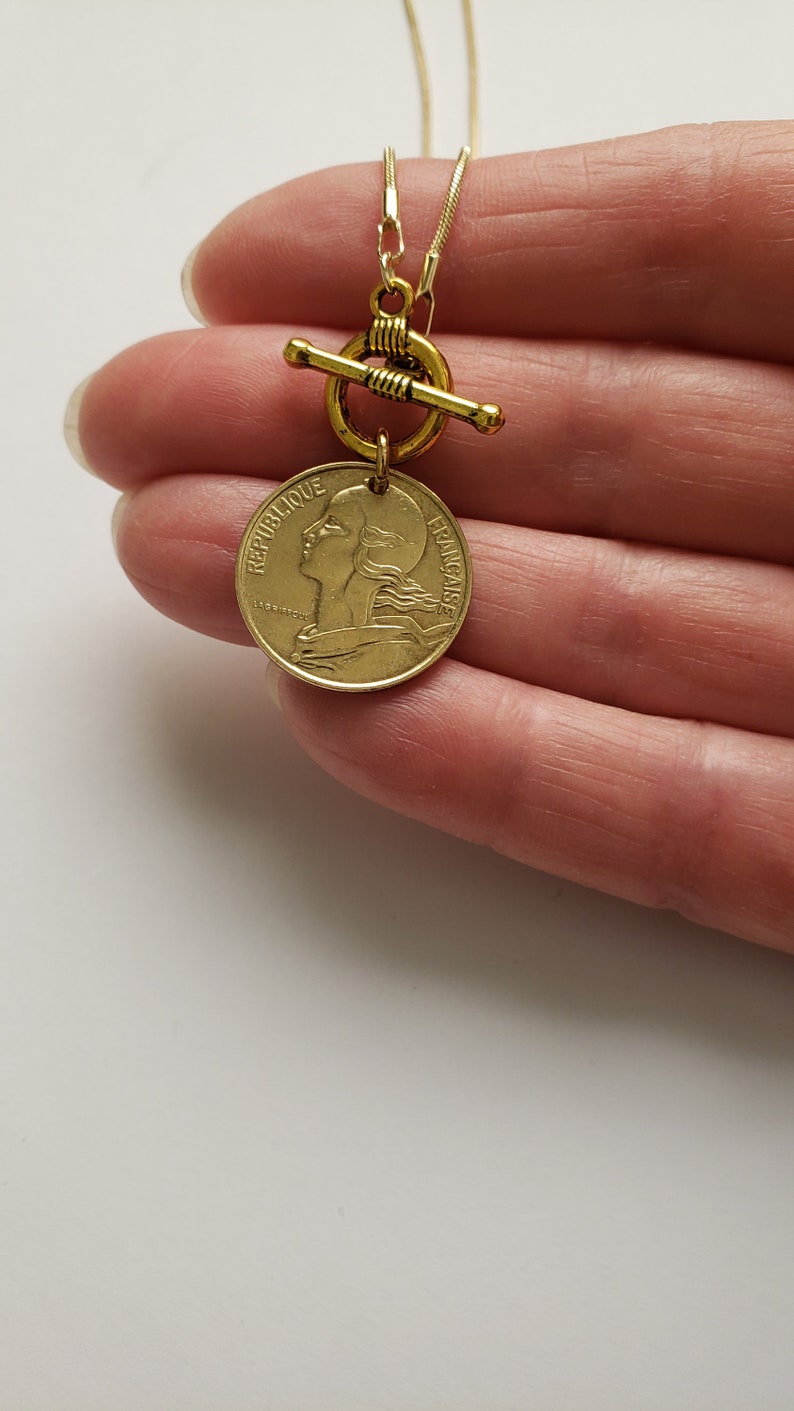 French coin necklace, front toggle gold necklace, centimes French coin necklace, birthday gift for Francophile, French gift for daughter image 5