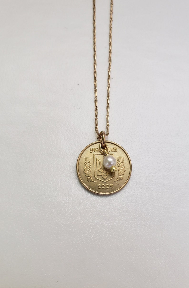 Ukrainian coin necklace, gold coin necklace, repurposed jewelry, Ukrainian jewelry, Ukrainian gift, minimalist gift, Ukrainian support Yes, add the pearl