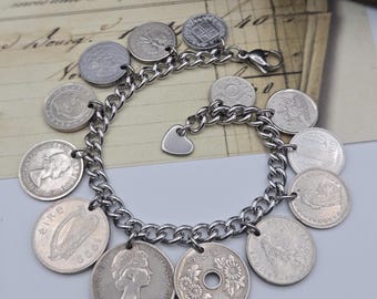 Vintage silver coin bracelet, repurposed coins, coin collector gift, birthday gift, authentic world coins, upcycled jewelry
