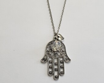 Hamsa silver necklace, Hamsa charm pendant, protection necklace, birthday gift for her, gift for mom, upcycled jewelry, long necklace