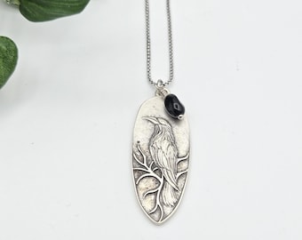 Raven pendant necklace, silver bird necklace, gift for bird watcher, nature lover gift, long necklace, antique silver charm necklace