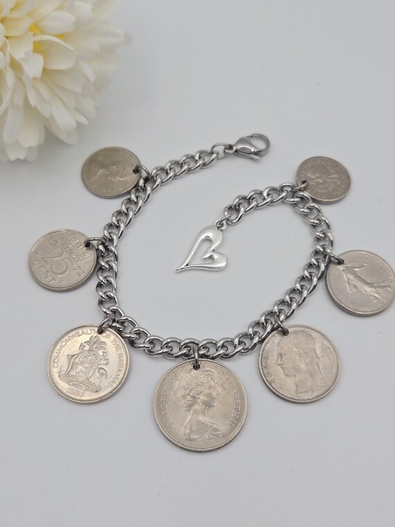 Coin bracelet for women, 7 coin bracelet, birthday gift for coin lovers, gold coins, foreign coins, gift for coin collectors, silver coins