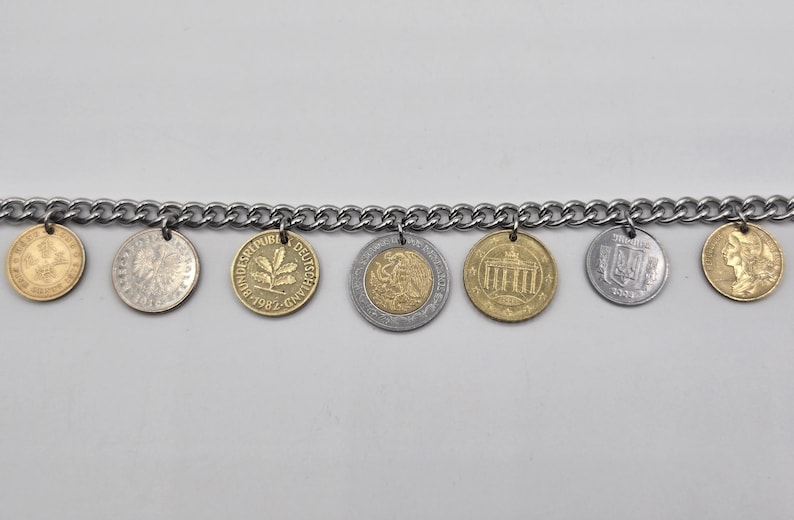 Coin bracelet for women, 7 coin bracelet, birthday gift for coin lovers, gold coins, foreign coins, gift for coin collectors, silver coins image 18