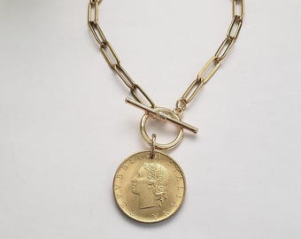 Italian coin bracelet, gold paperclip bracelet, Italian gift for woman, birthday gift for friend, gold toggle bracelet, gold coin jewelry