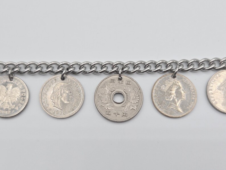 Coin bracelet for women, 7 coin bracelet, birthday gift for coin lovers, gold coins, foreign coins, gift for coin collectors, silver coins image 7