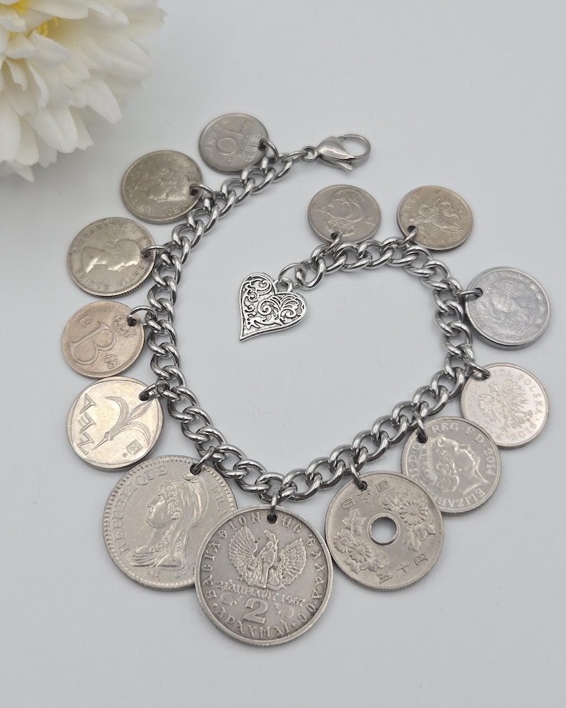 Vintage silver coin bracelet, repurposed coins, coin collector gift, birthday gift, authentic world coins, upcycled jewelry Bild 11