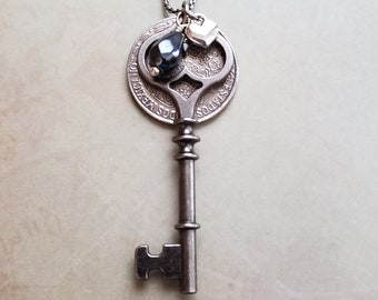 Silver skeleton key necklace, assemblage jewelry, repurposed jewelry, unique birthday gift for her, coin necklace, upcycled jewelry, boho