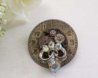 Vintage watch brooch, repurposed jewelry, rhinestone jewelry, art deco gift for her, unique birthday gift for steampunk lover, boho gift
