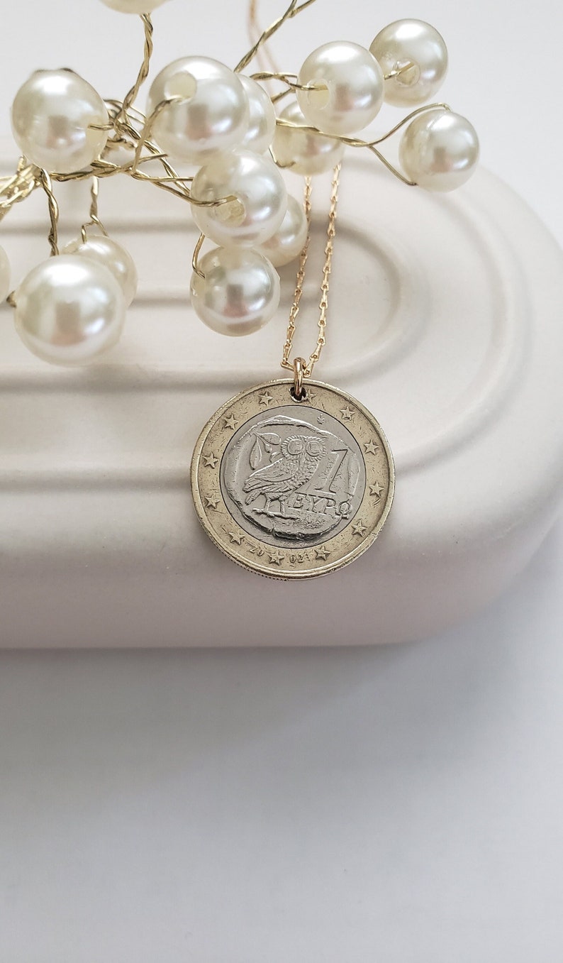 Owl necklace, Greek coin necklace, birthday gift for sister, Greek gift for mom, Owl of Athena necklace, wisdom jewelry, bimetallic coin Greek 1 euro