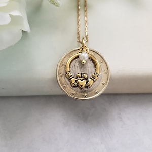 Irish coin necklace, Claddagh necklace, charm necklace, Irish gift for sister, harp jewelry, birthday gift for friend, Irish jewelry image 2