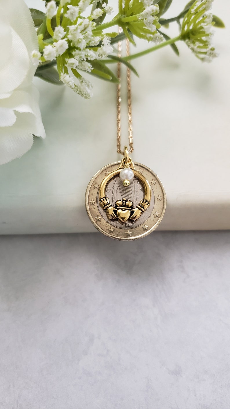 Irish coin necklace, Claddagh necklace, charm necklace, Irish gift for sister, harp jewelry, birthday gift for friend, Irish jewelry image 2