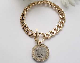 British coin bracelet, chunky gold bracelet, Queen Elizabeth jewelry, UK coin jewelry, birthday gift for British friend, remembrance gift