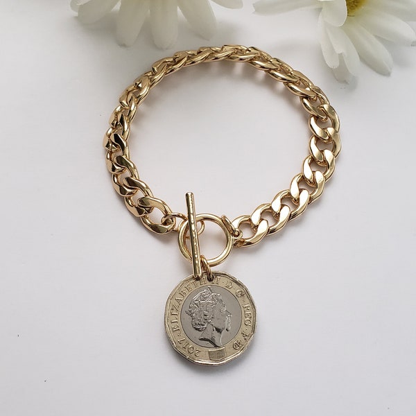 Chunky gold bracelet, Queen Elizabeth jewelry, British coin jewelry, British pound coin, birthday gift for British friend, remembrance gift