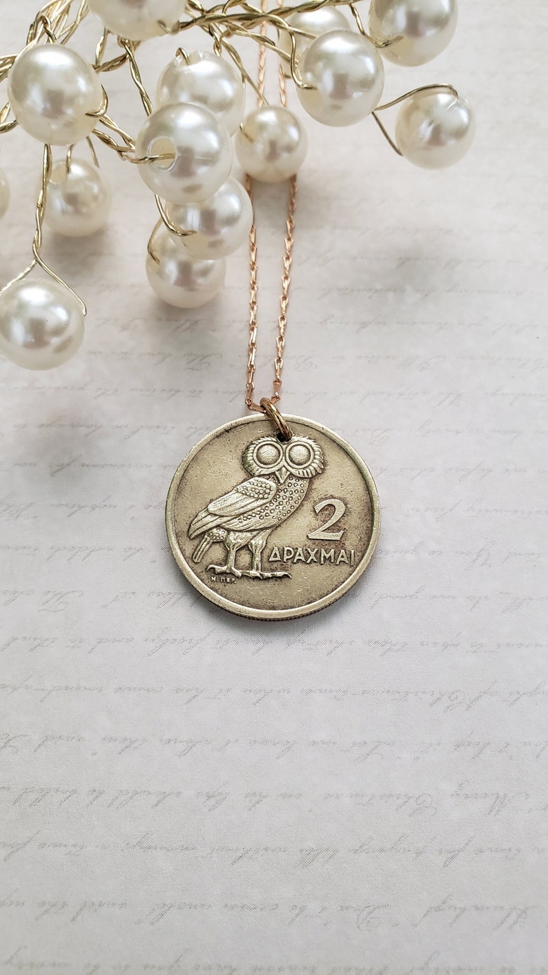 Owl necklace, Greek coin necklace, birthday gift for sister, Greek gift for mom, Owl of Athena necklace, wisdom jewelry, bimetallic coin image 1