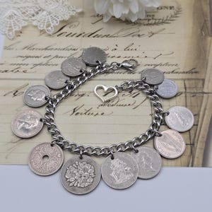 Vintage silver coin bracelet, repurposed coins, coin collector gift, birthday gift, authentic world coins, upcycled jewelry