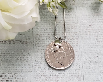 Silver Queen Elizabeth coin necklace, British coin necklace, Queen remembrance, gift for coin collector, repurposed jewelry, English gift