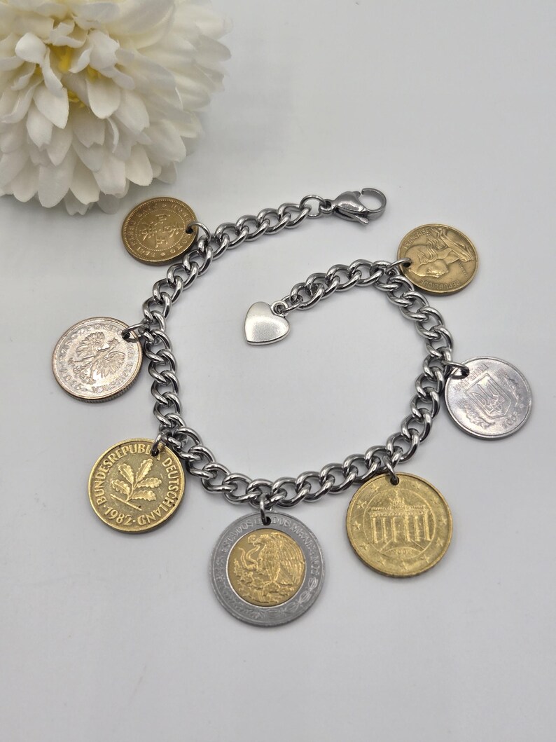 Coin bracelet for women, 7 coin bracelet, birthday gift for coin lovers, gold coins, foreign coins, gift for coin collectors, silver coins image 17