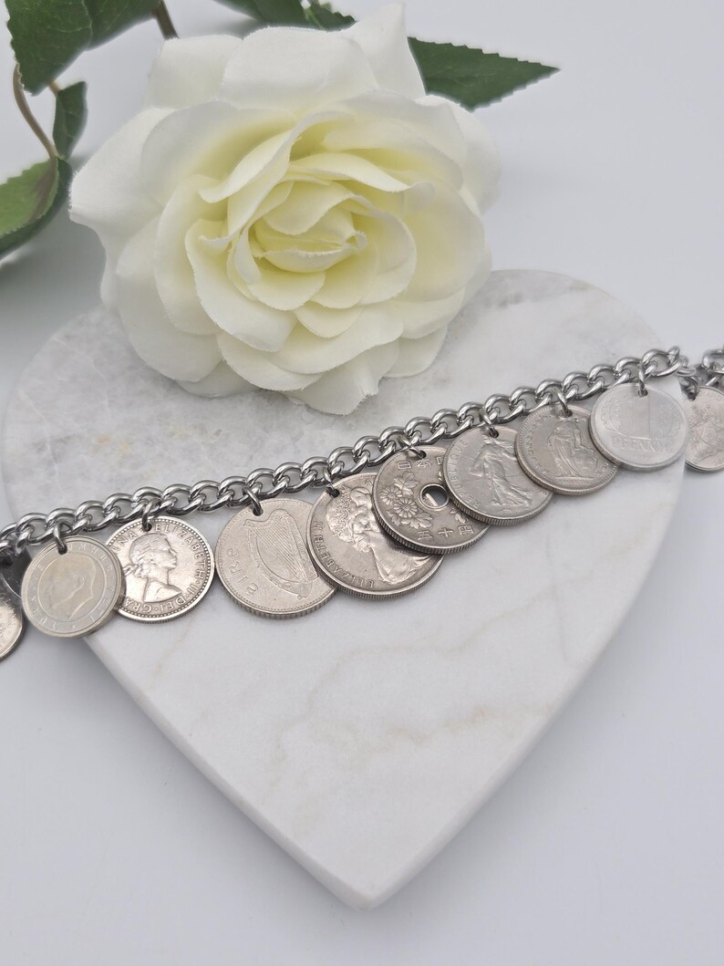 Vintage silver coin bracelet, repurposed coins, coin collector gift, birthday gift, authentic world coins, upcycled jewelry Bild 3