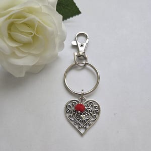 Heart charm keychain, silver heart keychain, silver and red keychain, stocking stuffer gift, birthday gift for friend, thank you gift