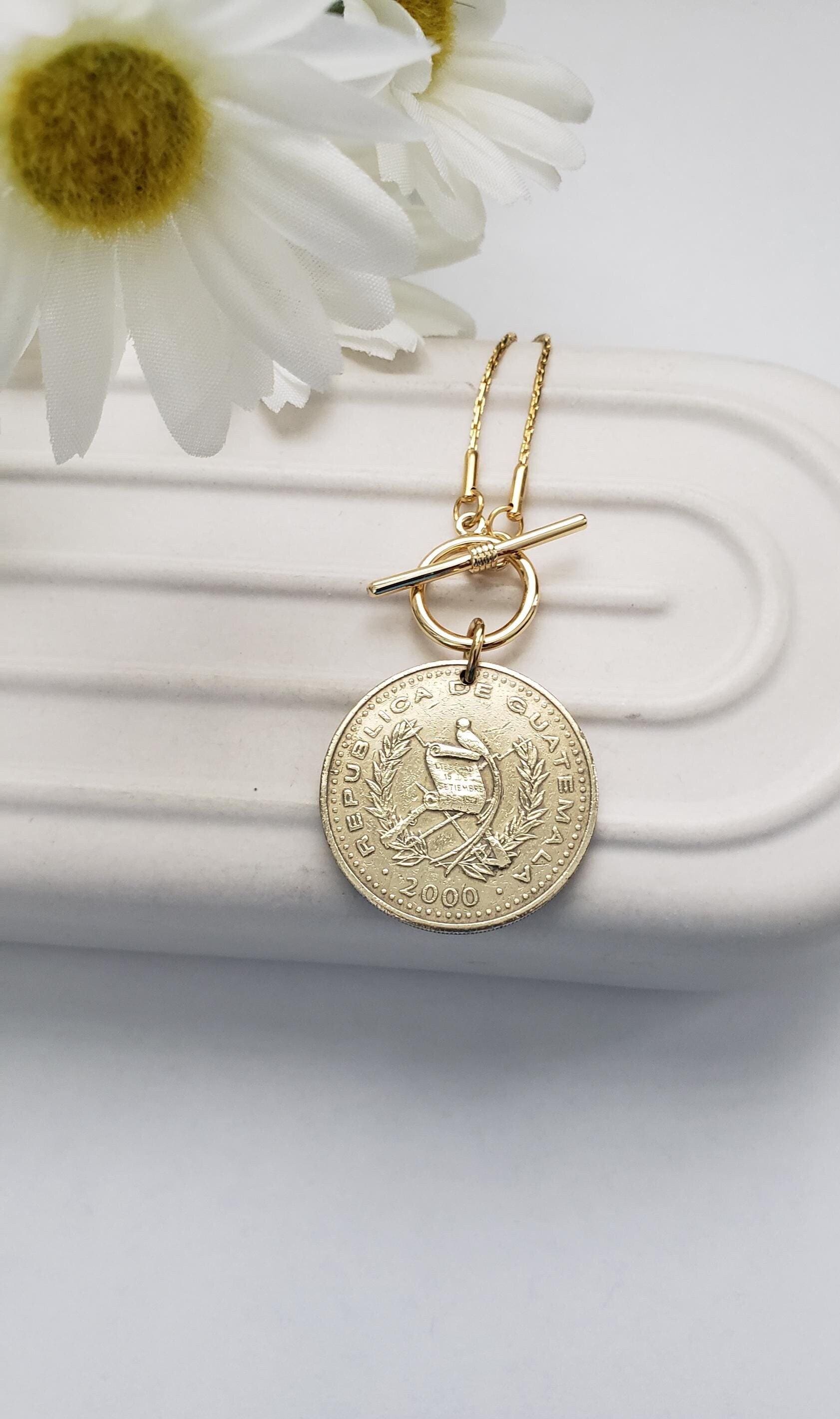 Guatemala coin necklace, gold coin necklace, silver coin pendant, Guatemalan gift for her, heritage jewelry, peace dove necklace