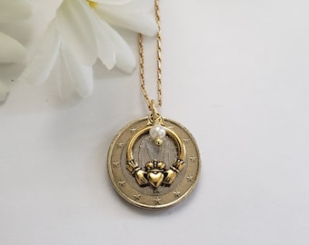 Irish coin necklace, Claddagh necklace, charm necklace, Irish gift for sister, harp jewelry, birthday gift for friend, Irish jewelry